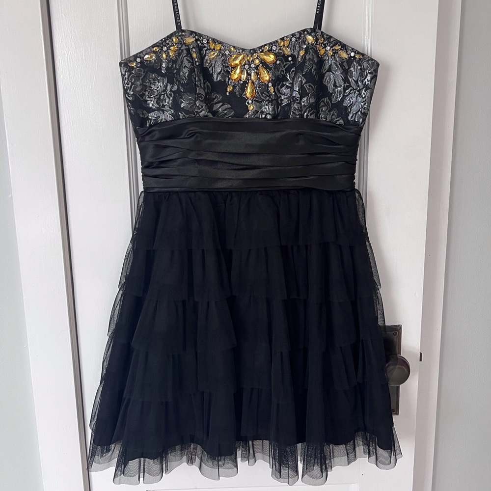 Masquerade Black Strapless Tiered Dress with Gold Embellishment